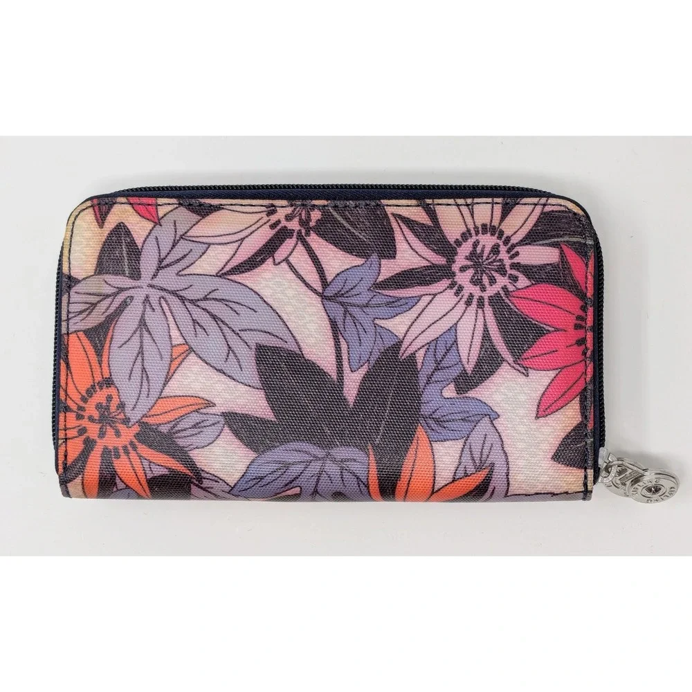 Kipling Wallet Zip Around Floral Purple Pink Orange Credit Card Slots Coin Pouch